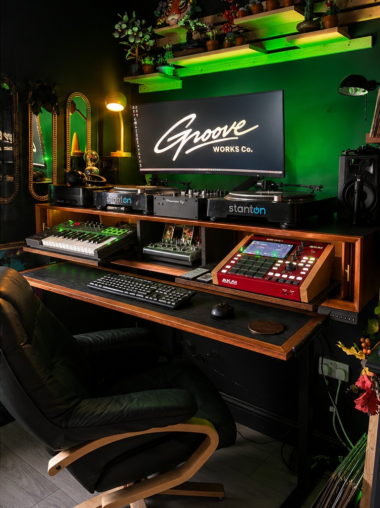 GrooveWorks DJ desk open to reveal music production equipment and keyboard tray